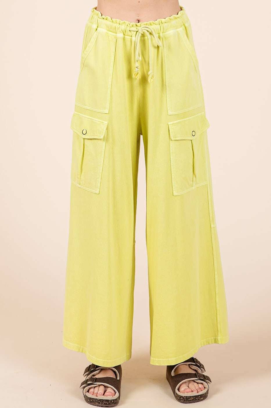 WASHED FRENCH TERRY CARGO ELASTIC WAIST WIDE LEG PANTS