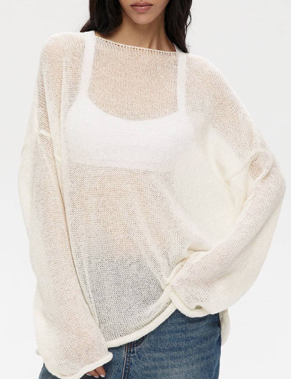 Ladies Solid Color Hollow Knit Top