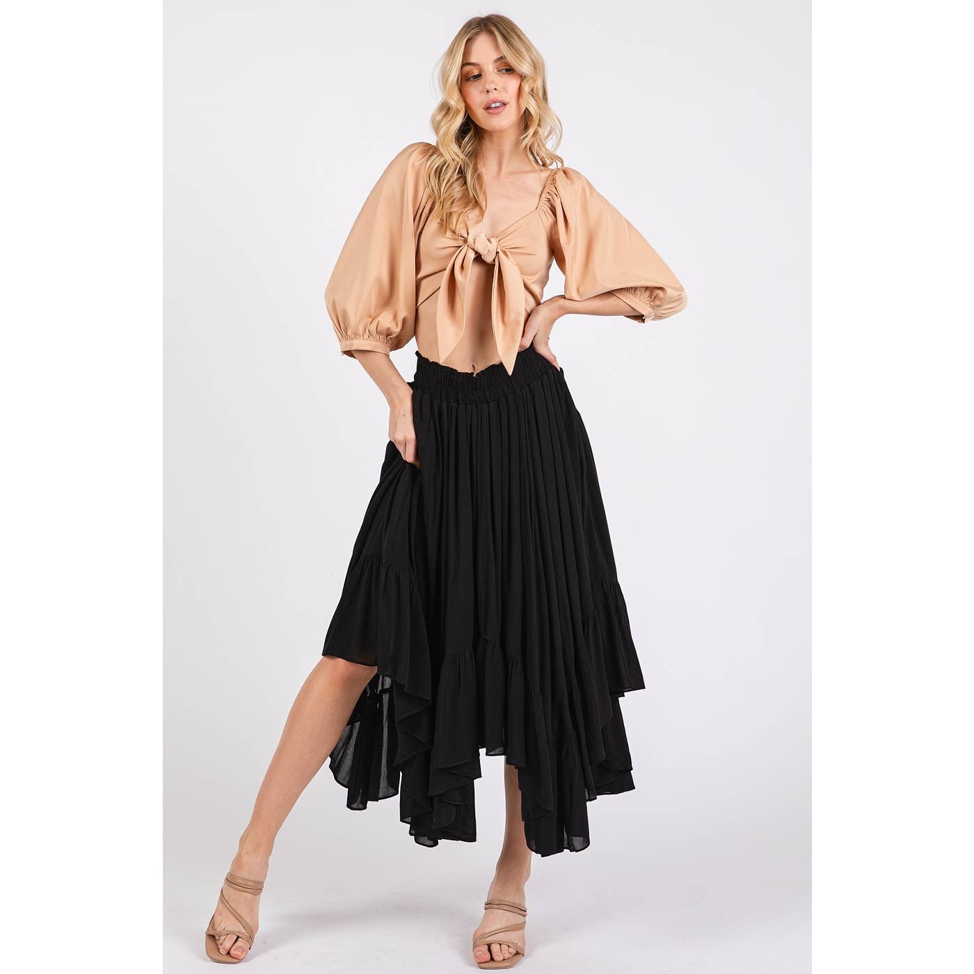 HANDKERCHIEF HEM ELASTIC WAIST POCKET MIDI SKIRT