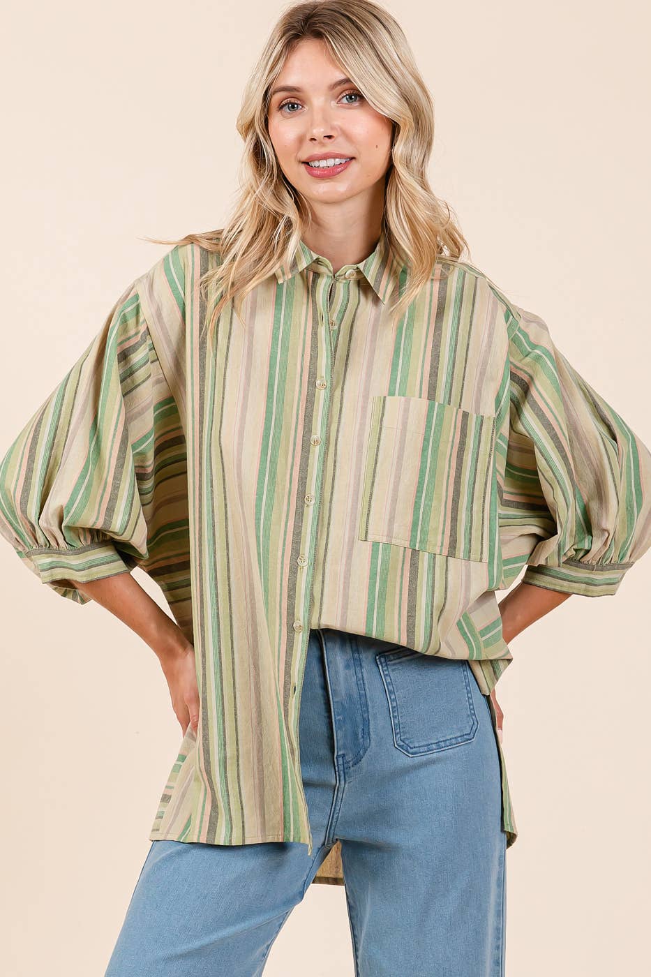 MULTICOLOR STRIPED BUBBLE SLEEVE BUTTON DOWN SHIRT