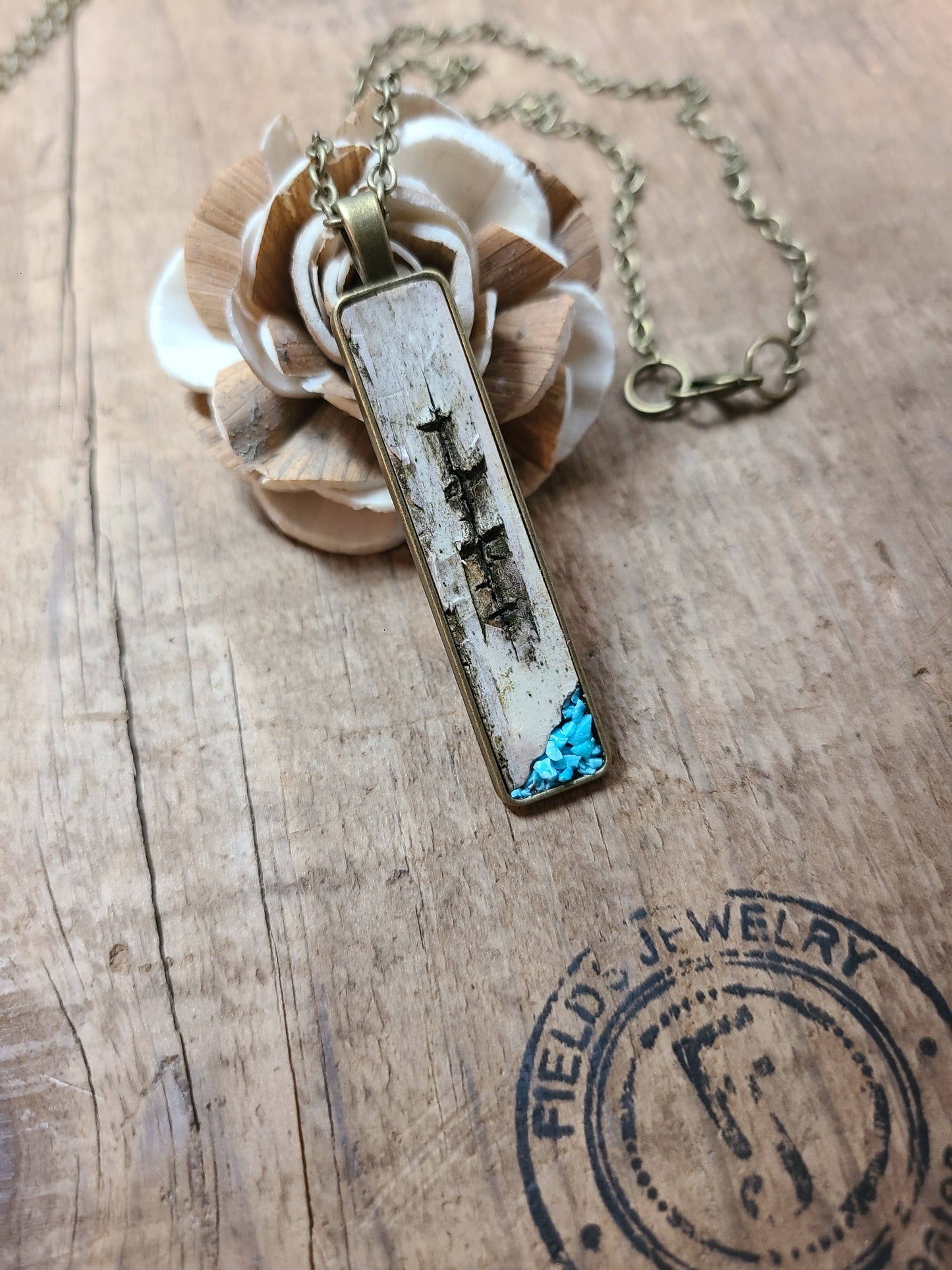 Natural Wood Birch Bark Turquoise Necklace