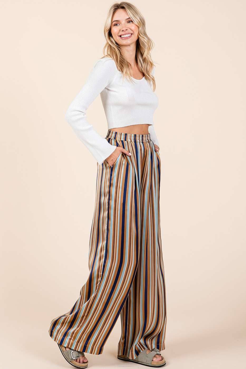 MULTICOLOR STRIPED PRINT SATIN ELASTIC WAIST PANTS