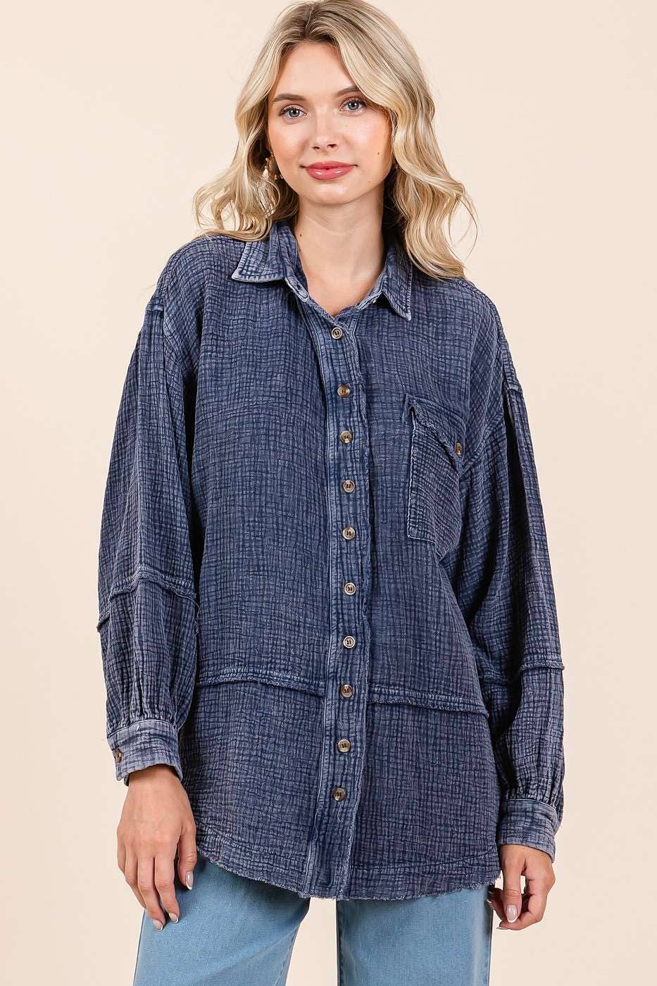 MINERAL WASH CRINKLE GAUZE BUTTON DOWN SHIRT