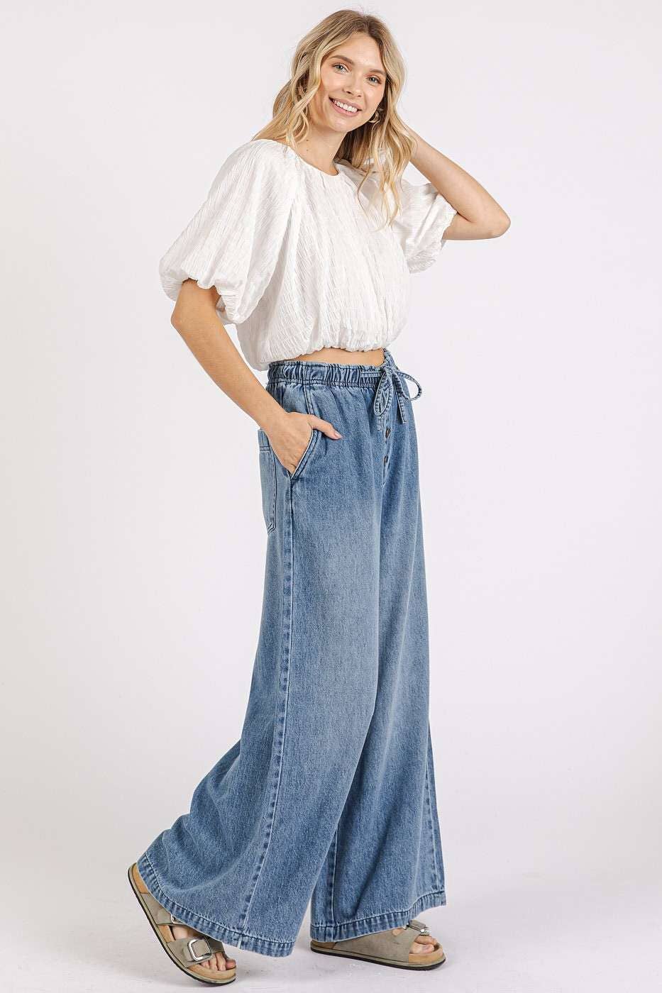 WASHED DENIM ELASTIC BUTTON FLY WIDE LEG PANTS