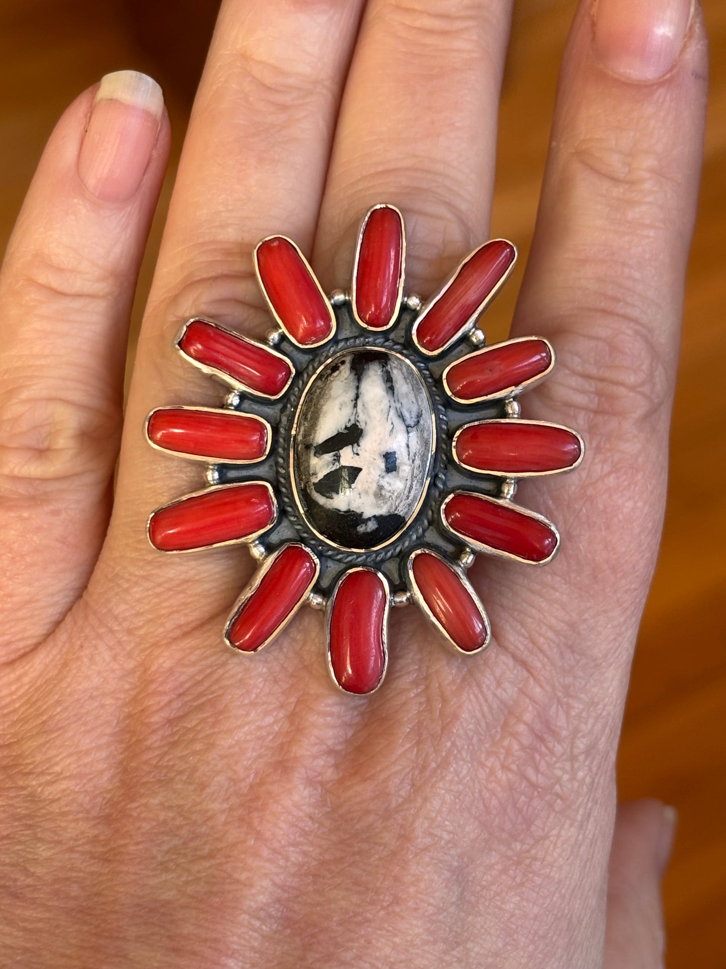White Buffalo & Coral Ring | Adjustable