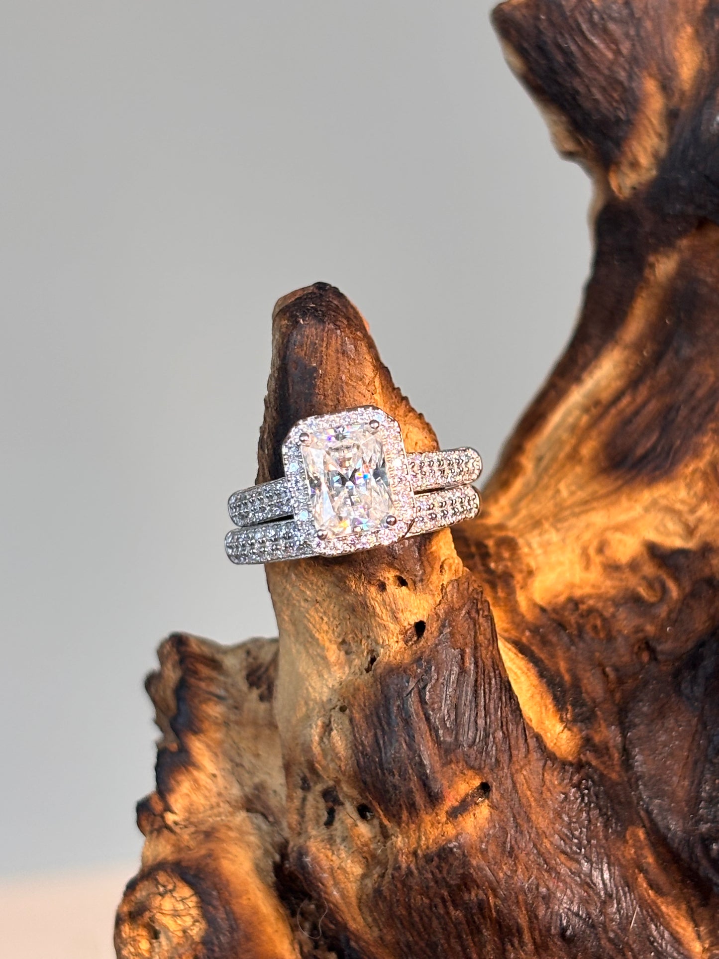 Moissanite Radiant Center with Halo Ring with Stones and Pave Band