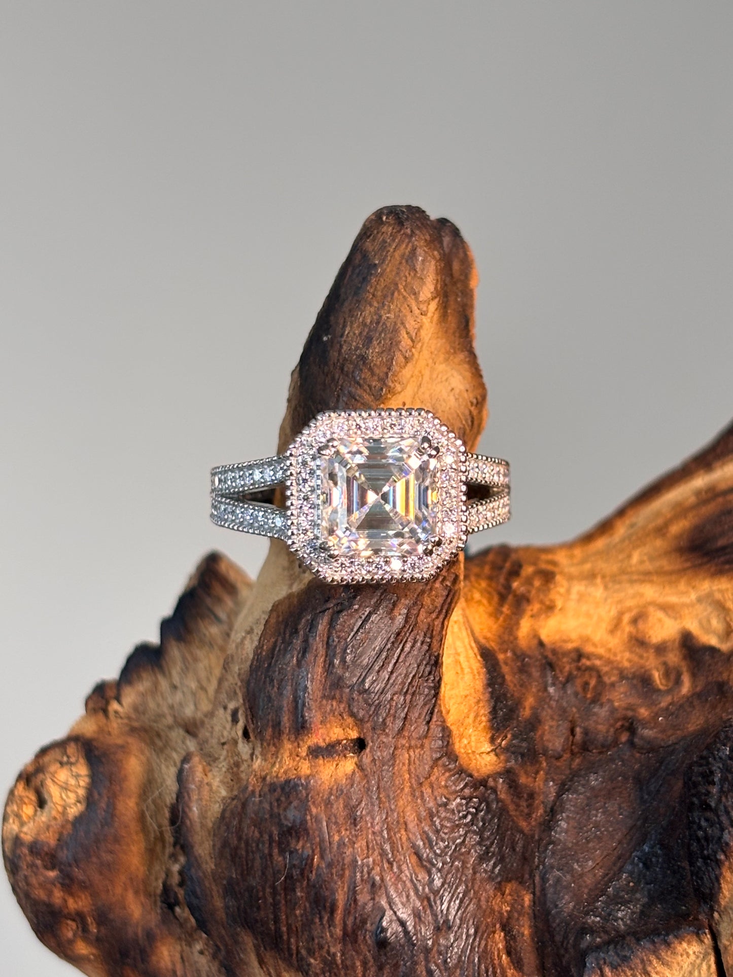 Moissanite Asscher Center with Halo Split Band Ring with Pave Side Stones