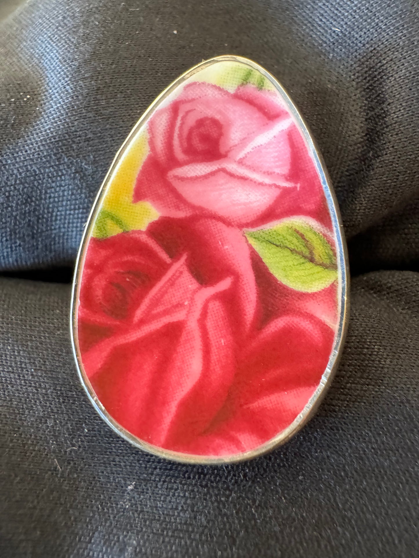 Blue Pottery Rose Pattern Ring | Adjustable
