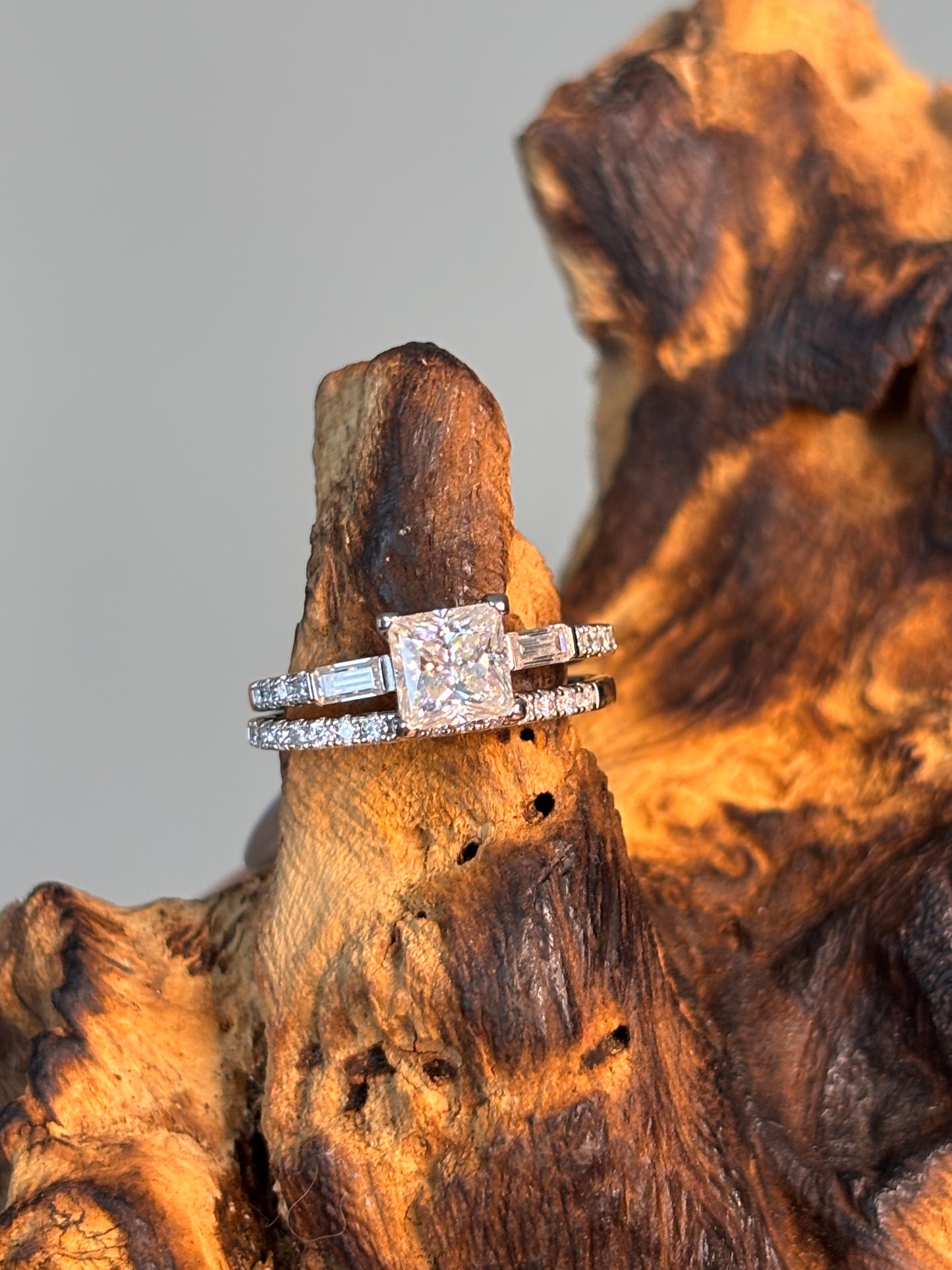 Moissanite Princess Center with Baguette/Stone Side-Stone Band Ring Plus Multi-Stone Band