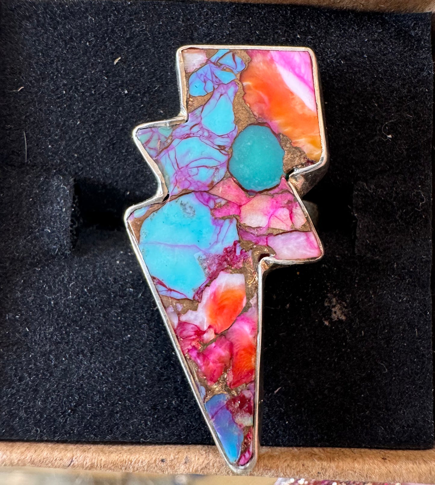Pink Oyster Turquoise Lightning Bolt Ring | Size 7