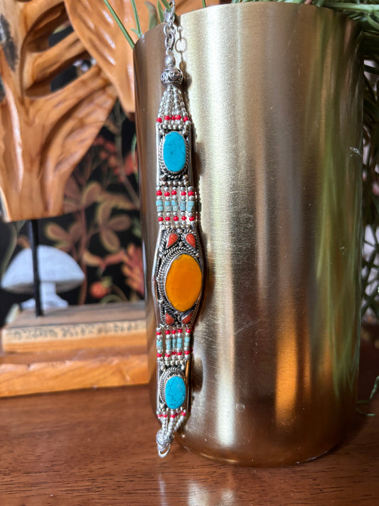 Tibetan Silver Bracelet with Amber Glass Inlay