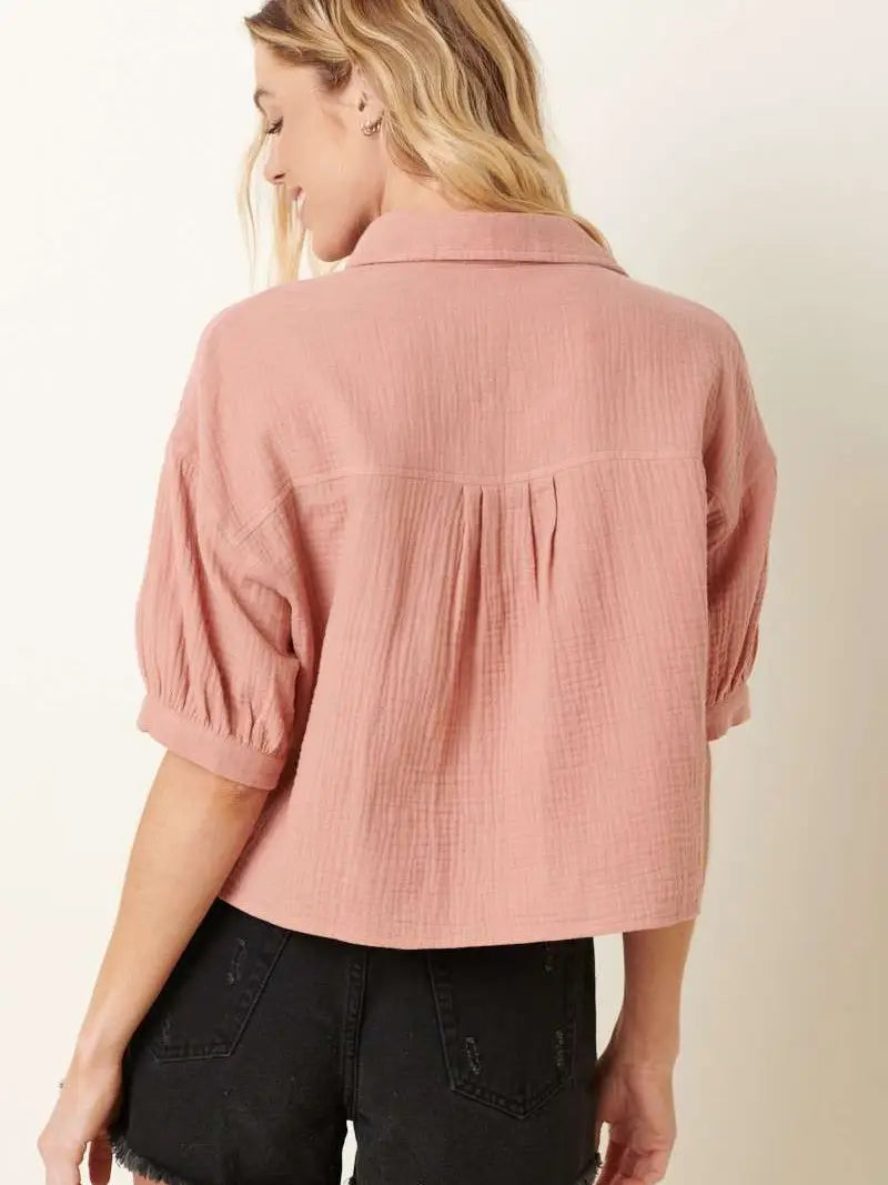Puff Sleeve Button Front Crop Shirt