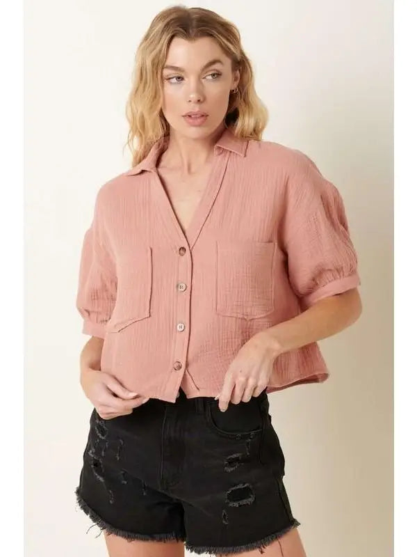 Puff Sleeve Button Front Crop Shirt