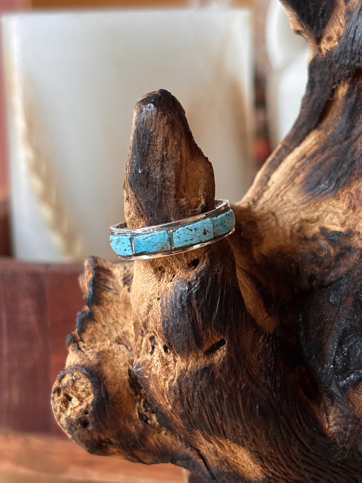 Navajo Kingman Turquoise Inlay ring made by Debbie Livingston | Size 7.5