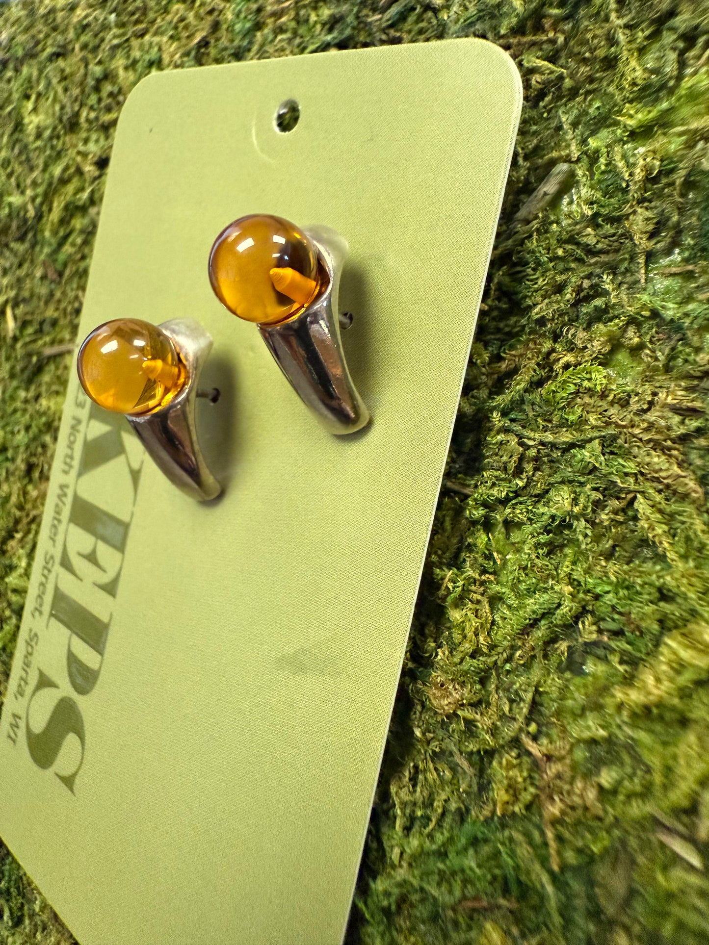 Vintage Designer Sterling Silver & Amber Lobe Hugger Post Earrings