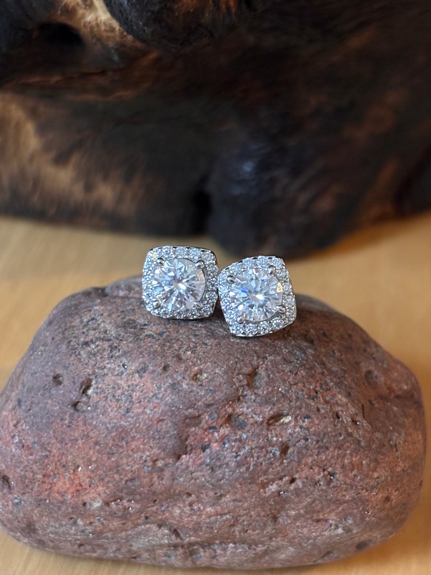 Moissanite Brilliant Center with Halo Earrings Push Back Studs