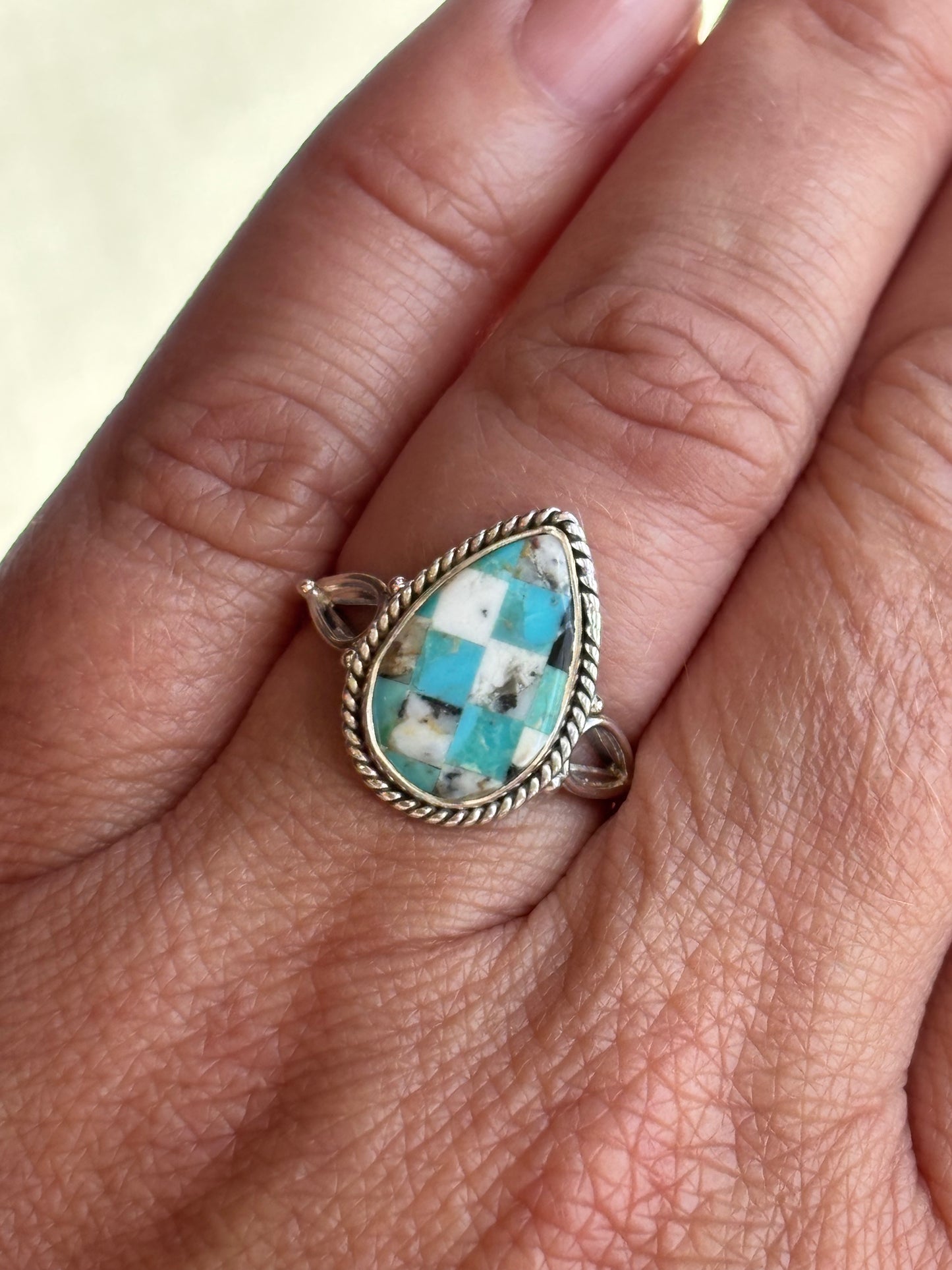 White Buffalo Turquoise Mosaic Ring | Size 8