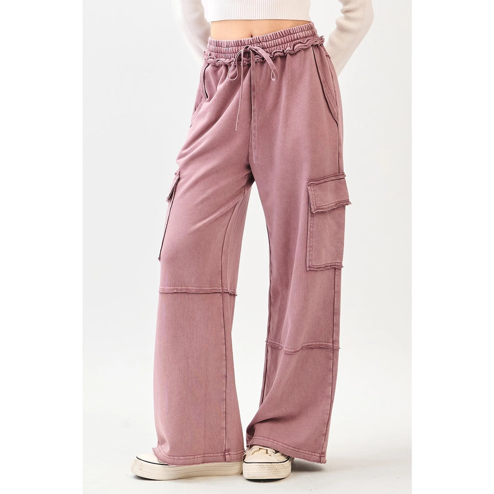 Faded Plum Mineral Wash Cargo Wide Leg Pants | Mittoshop