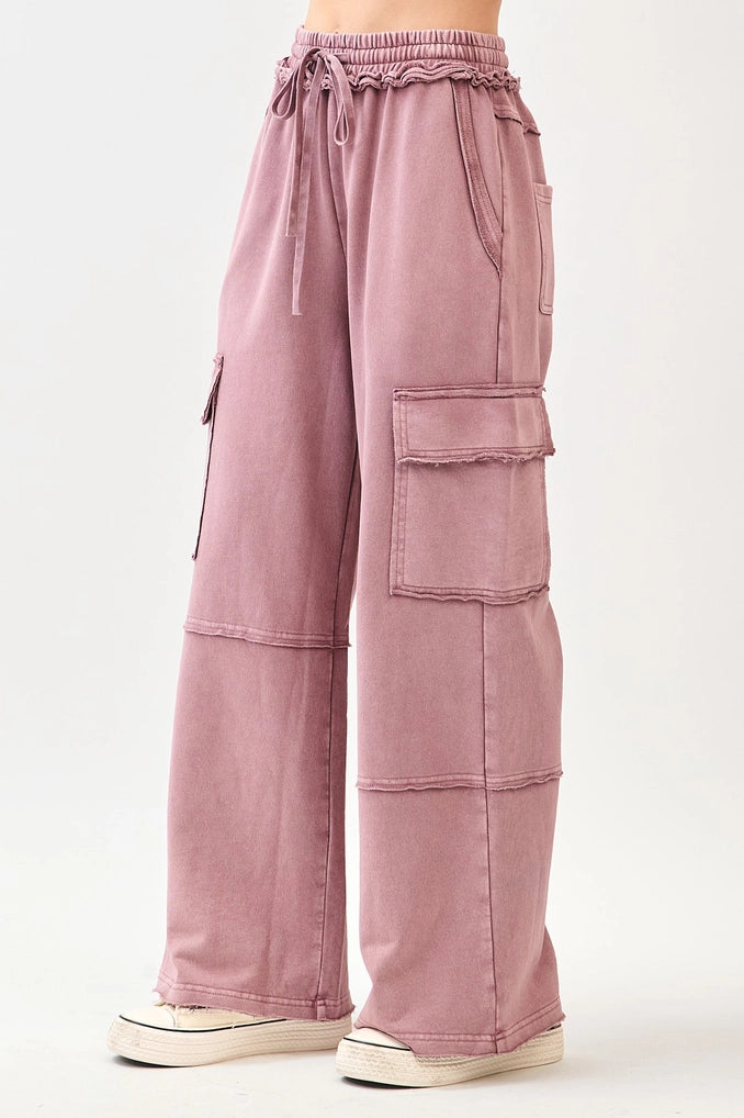 Faded Plum Mineral Wash Cargo Wide Leg Pants | Mittoshop