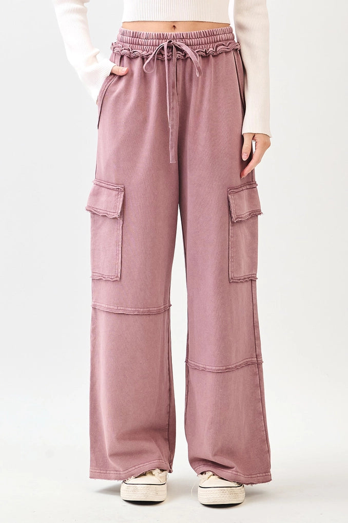 Faded Plum Mineral Wash Cargo Wide Leg Pants | Mittoshop