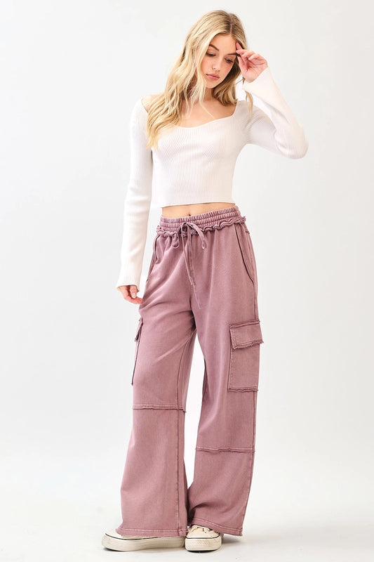 Faded Plum Mineral Wash Cargo Wide Leg Pants | Mittoshop