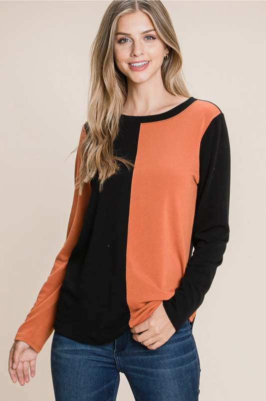 Solid Color Block Long Sleeves Top (Plus)