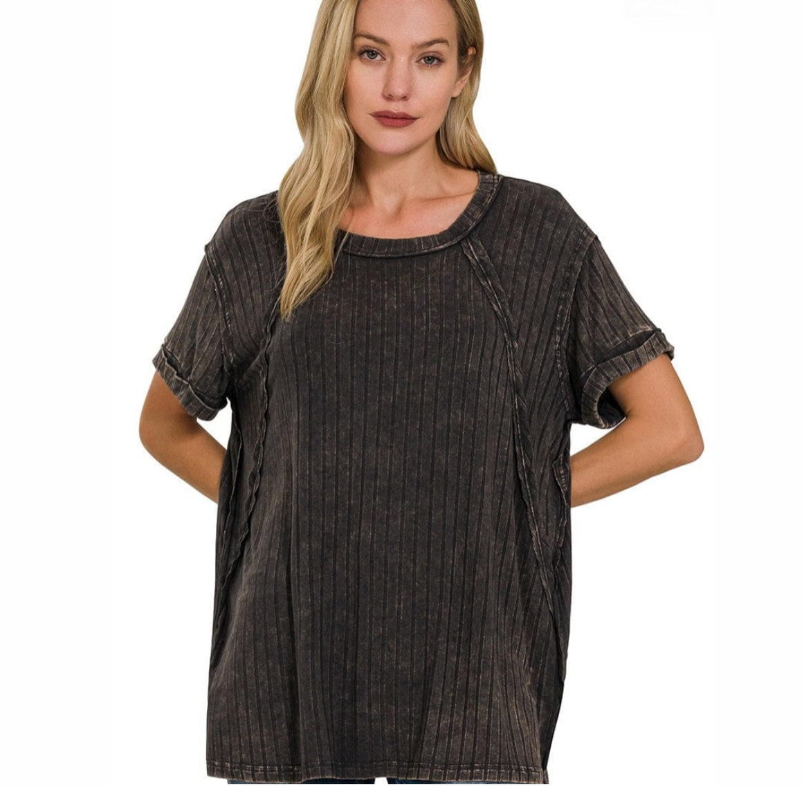 Acid Washed Ribbed Short Sleeve Boat-Neck Top