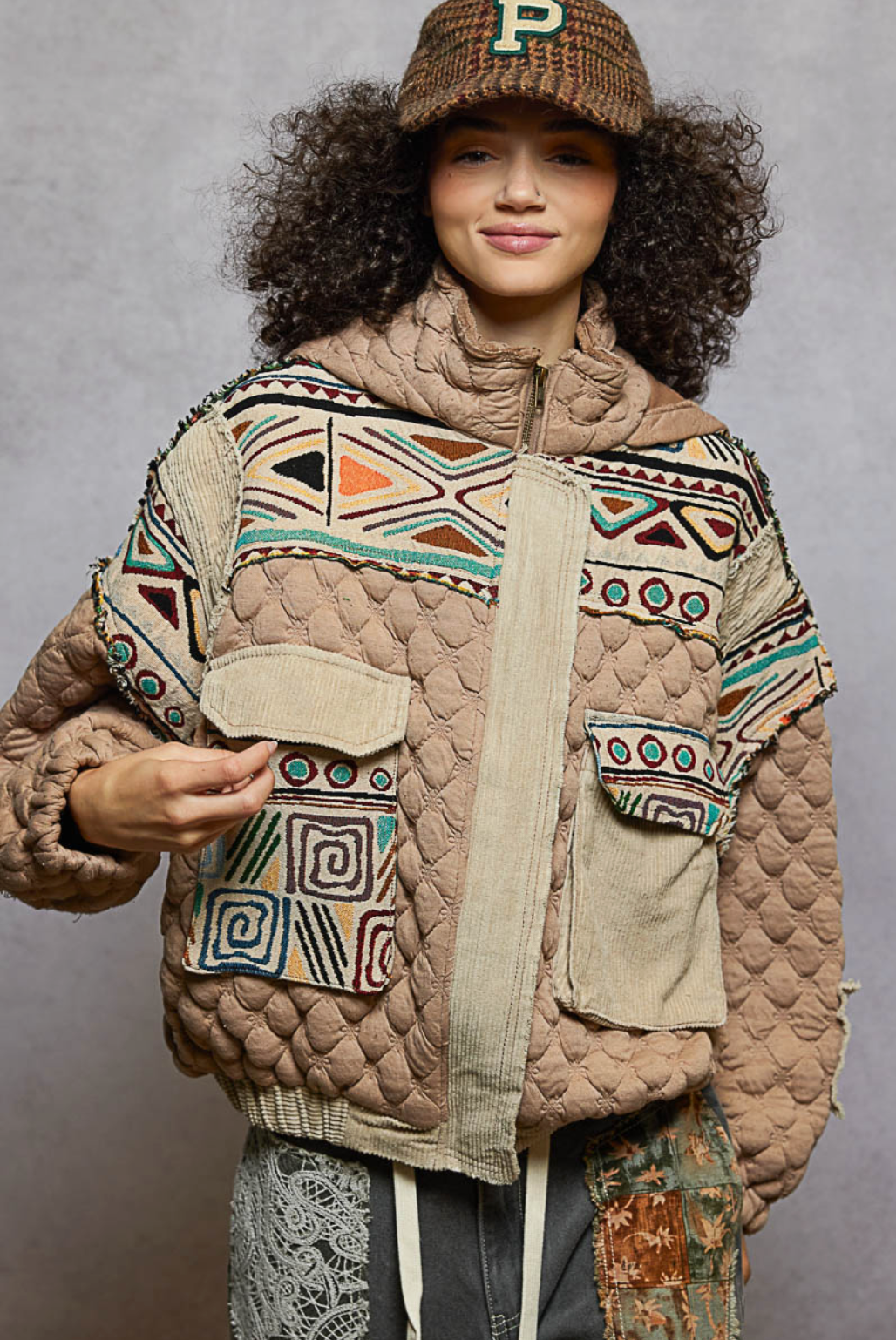 Oversize floral print contrast qulited jacket (2 style options)