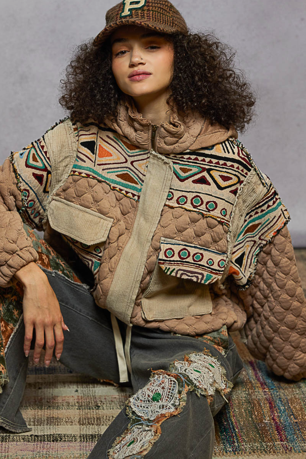 Oversize floral print contrast qulited jacket (2 style options)