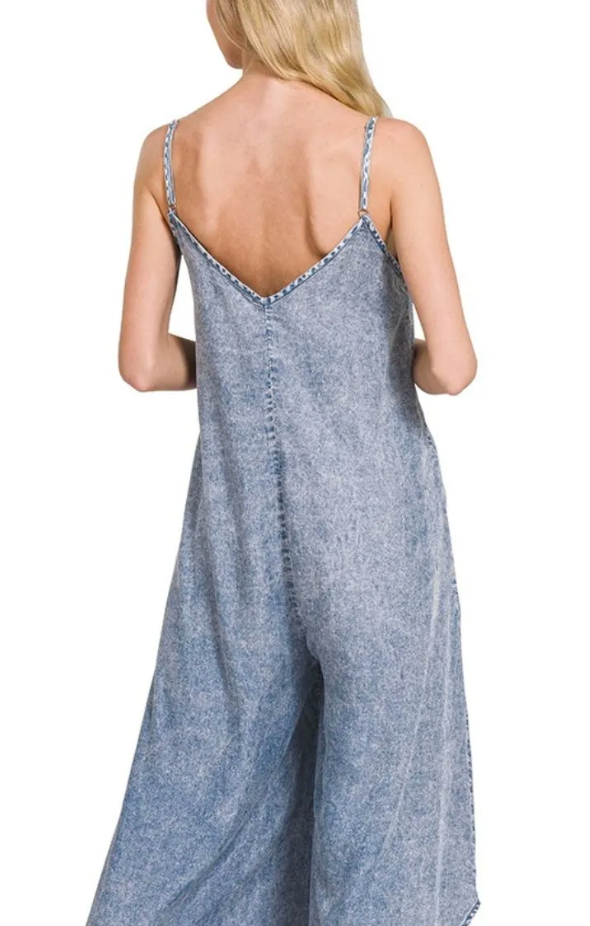 Zenana Acid-Washed Lyocell Wide Leg Lounge Jumpsuit