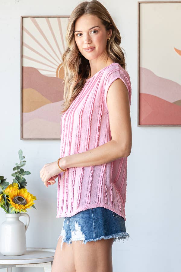 Lightweight Stripe Textured Cap Sleeves Blouse