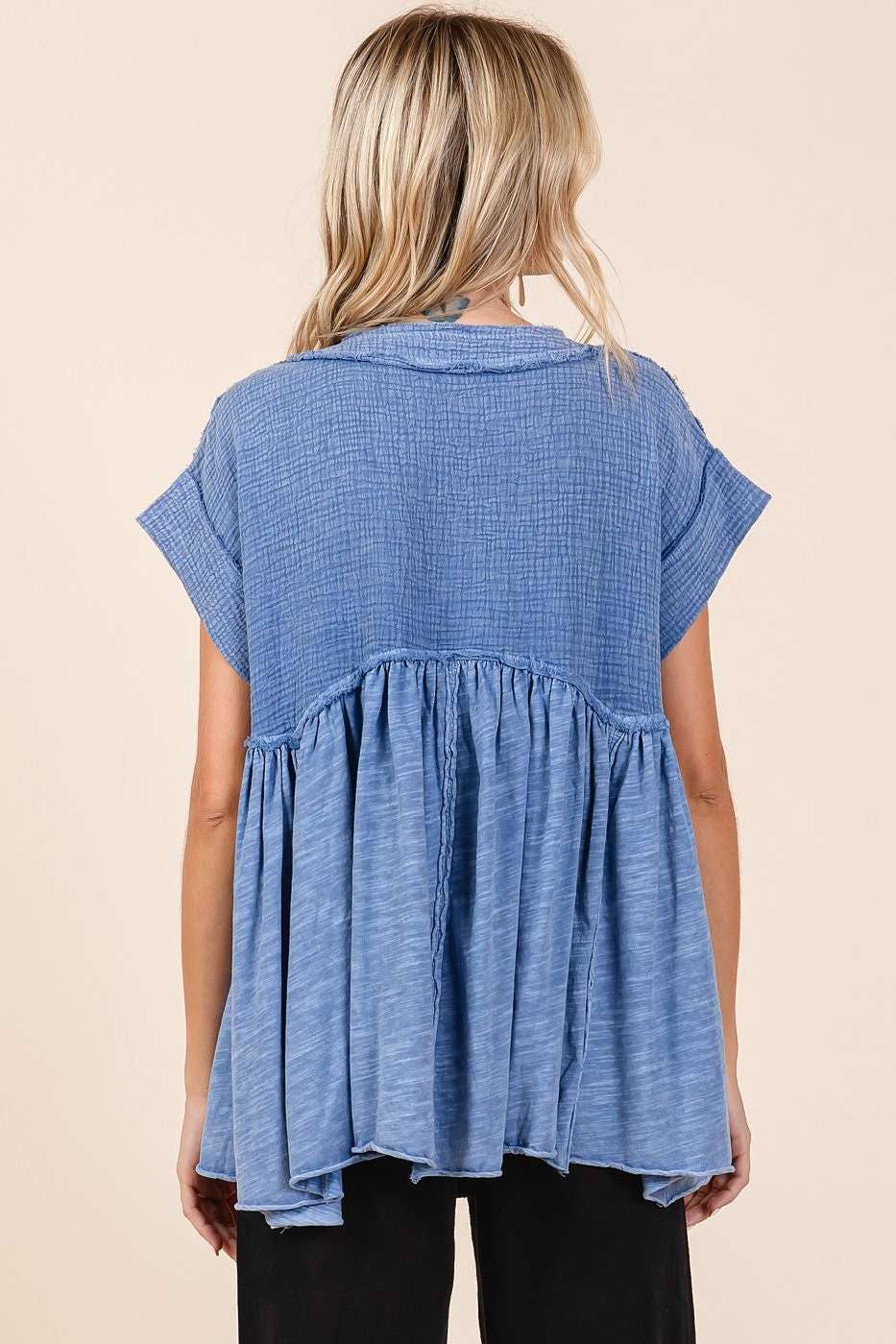 MIXED MEDIA MINERAL WASH BABYDOLL SHORT SLEEVE TOP