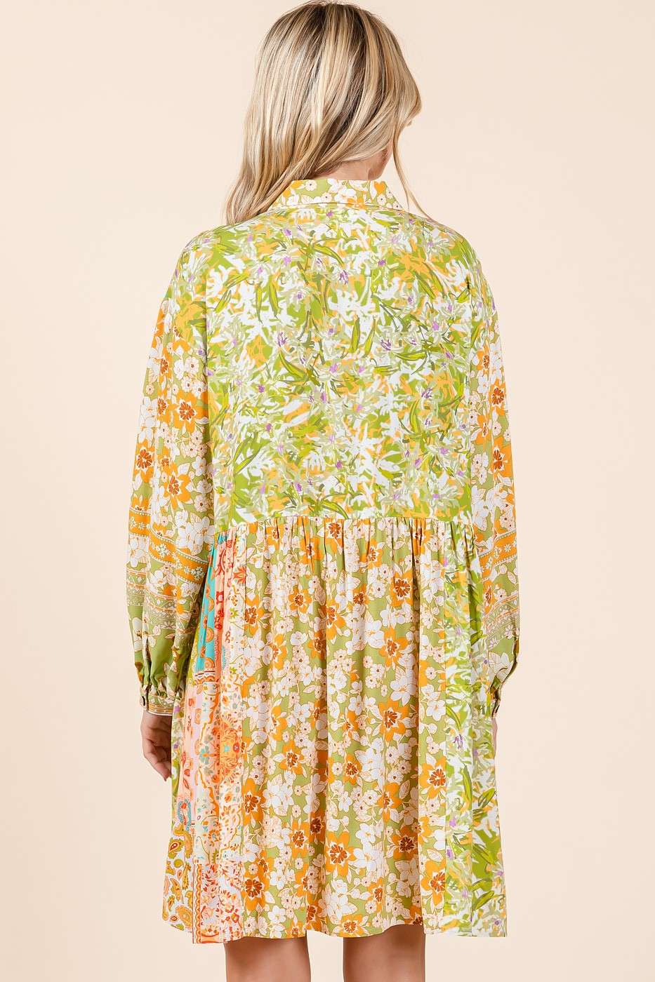 MIXED PATCHWORK PRINT BABYDOLL MINI SHIRT DRESS - Green Tea