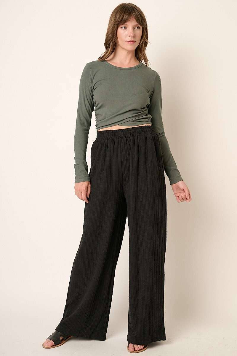 TEXTURE KNIT ELASTIC WAIST WIDE LEG PANTS