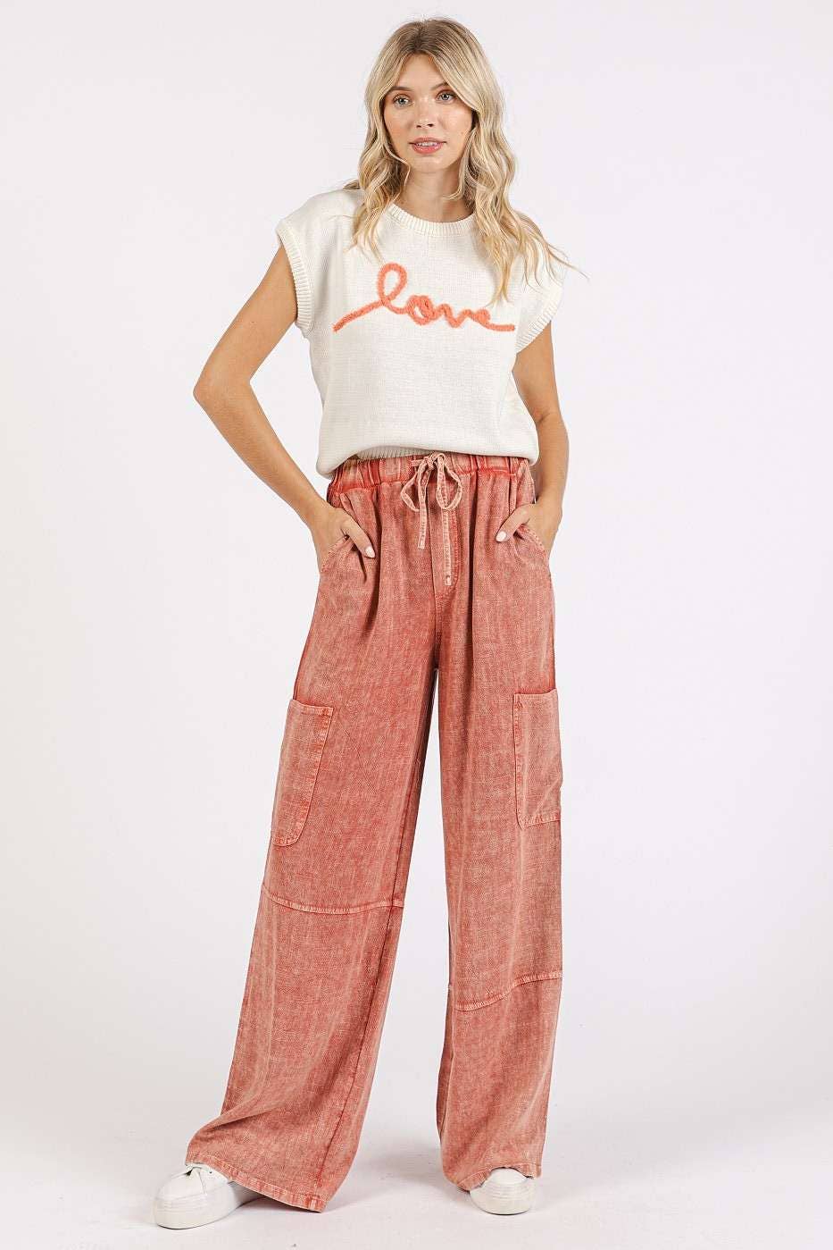 MINERAL WASH ELASTIC WAIST UTILITY POCKET PANTS