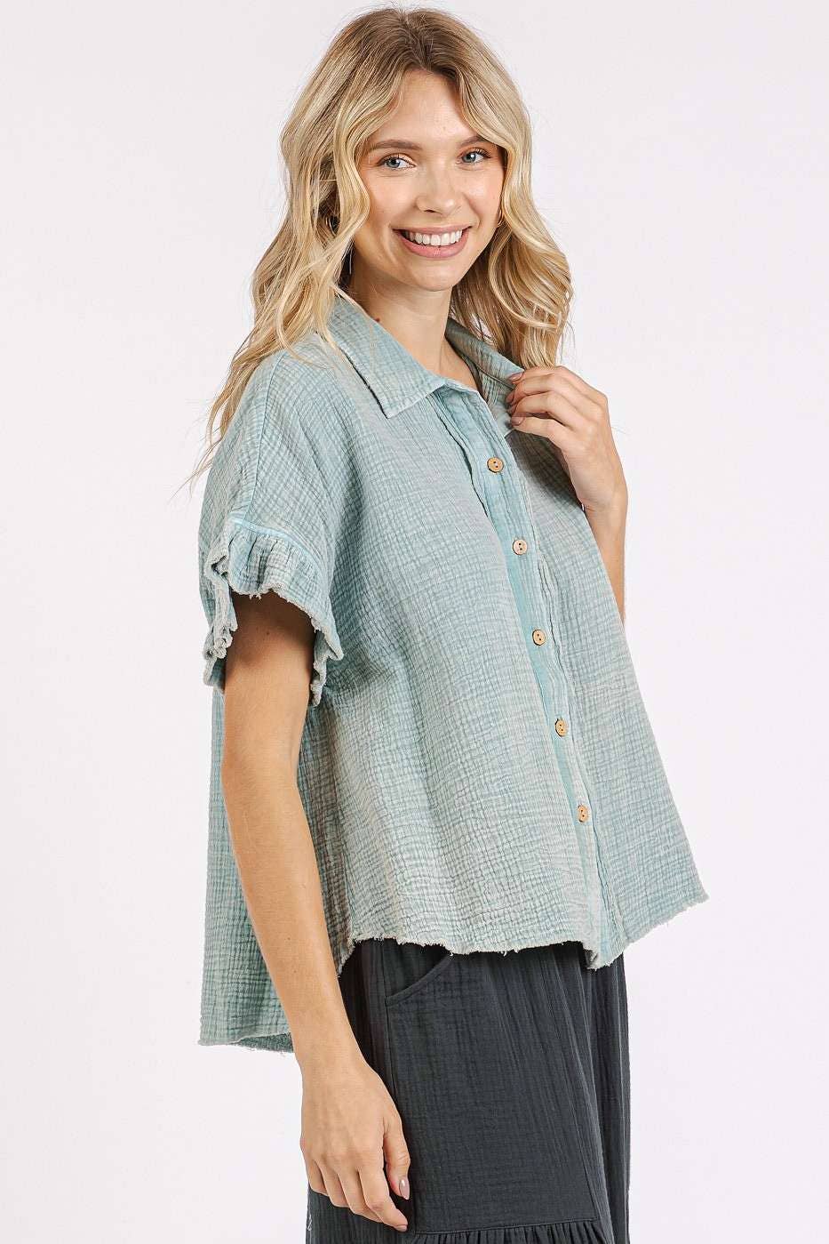 MINERAL WASH GAUZE RUFFLE SHORT SLEEVE SHIRT