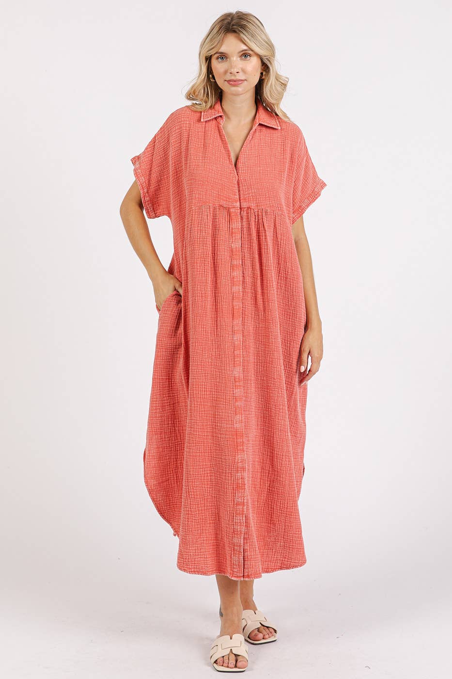 MINERAL WASH V NECK BUTTON UP RELAXED MIDI DRESS