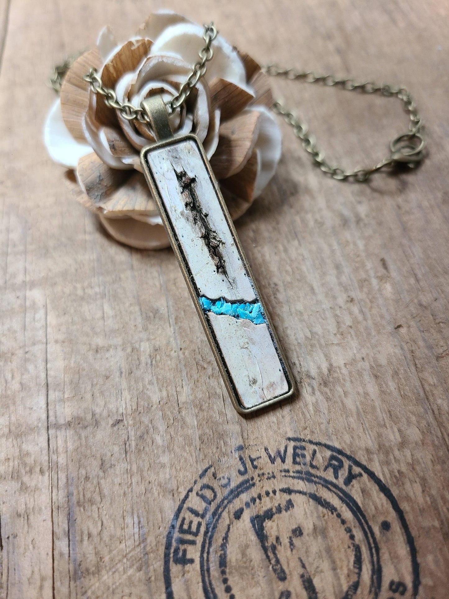 Natural Wood Birch Bark Turquoise Necklace