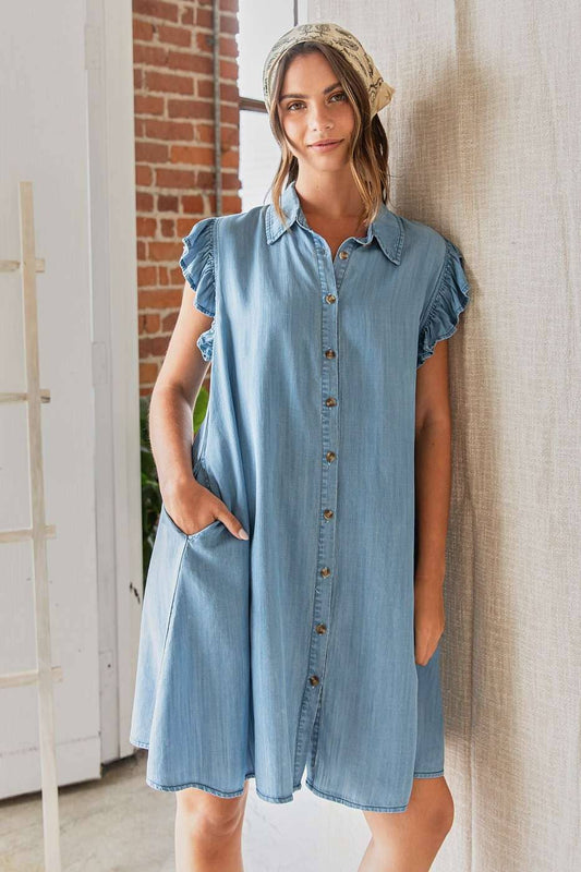 WASHED CHAMBRAY RUFFLE SLEEVE BUTTONED MINI DRESS