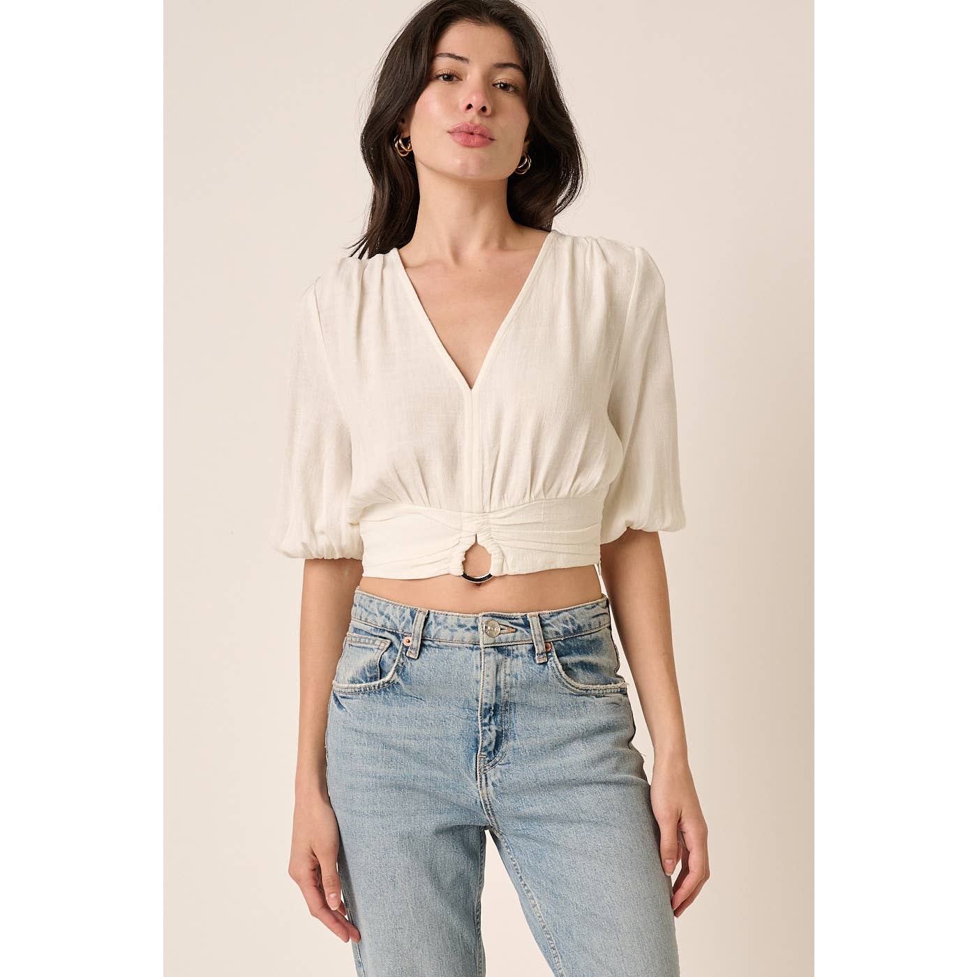 LINEN TEXTURE CROP BLOUSE