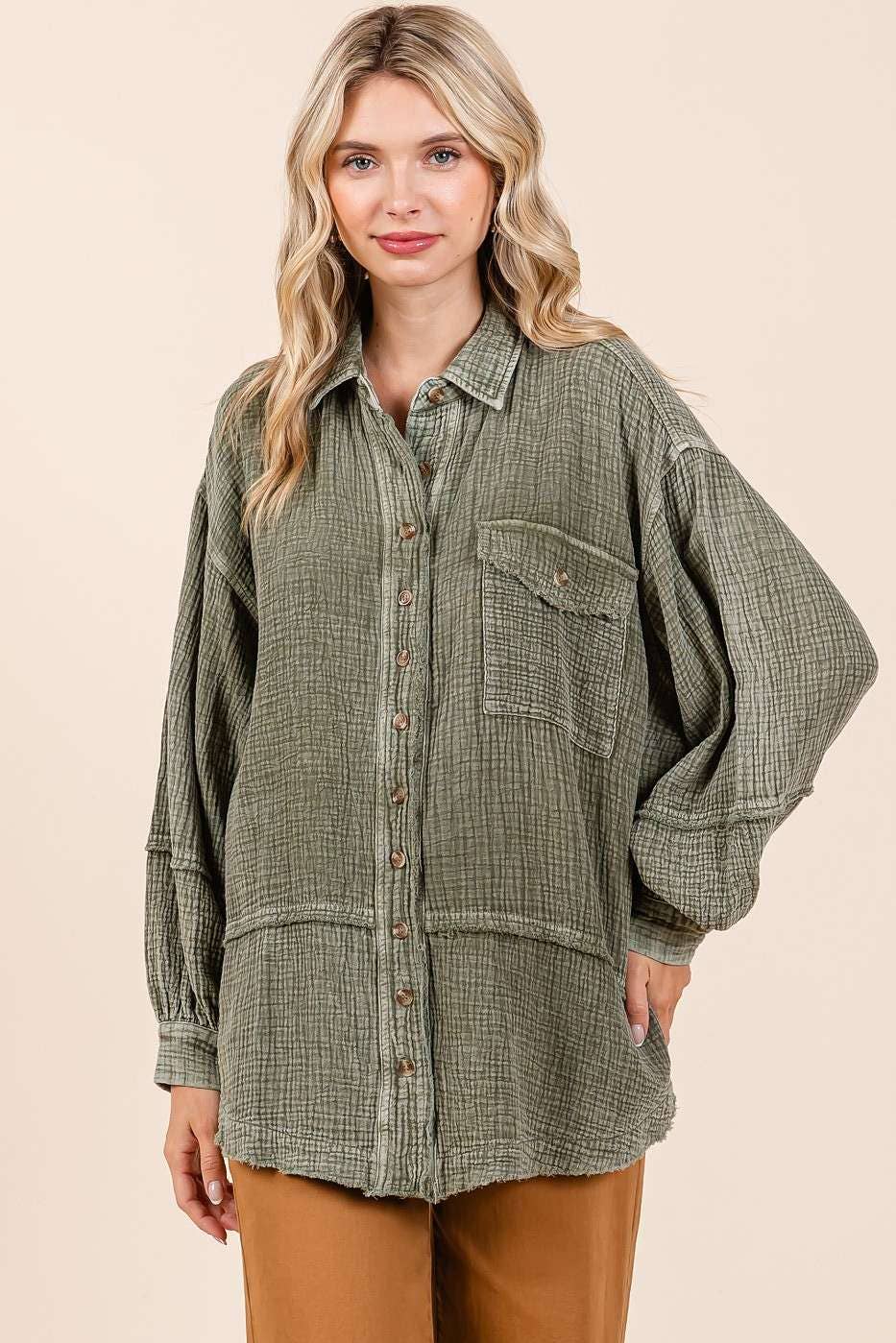 MINERAL WASH CRINKLE GAUZE BUTTON DOWN SHIRT