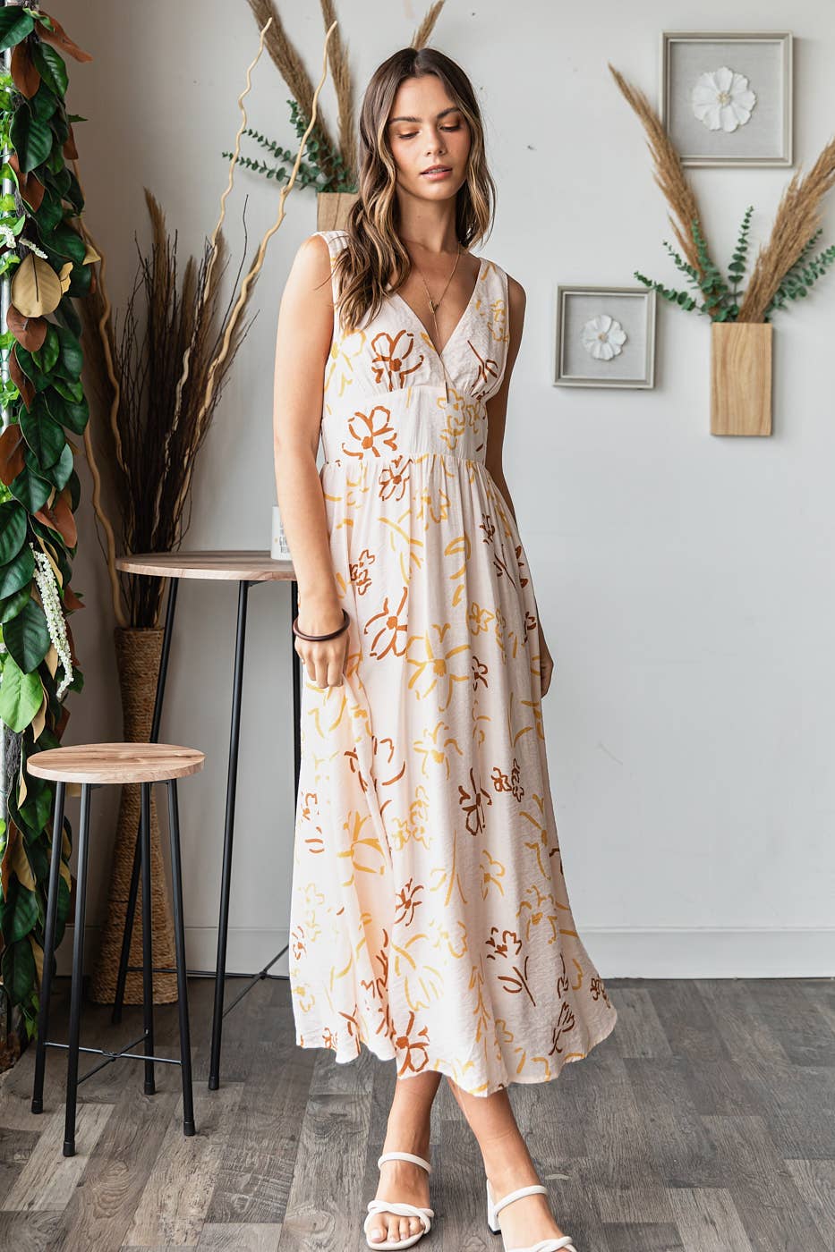 FLOWER PRINT EMPIRE WAIST SLEEVELESS MIDI DRESS