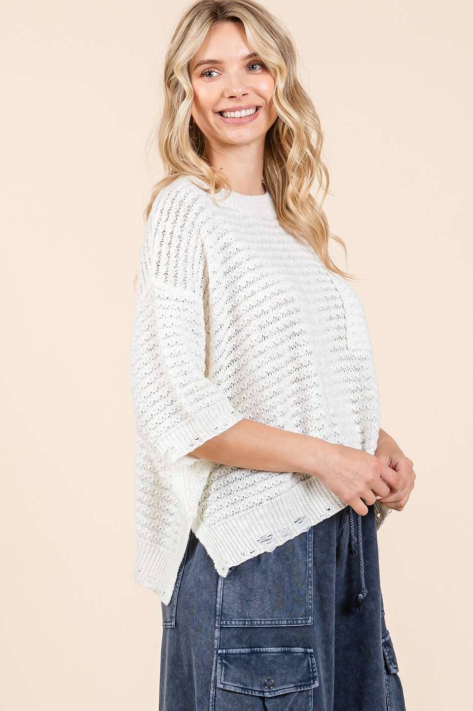 DISTRESSED HEM SHORT SLEEVE LOOSE SWEATER KNIT TOP