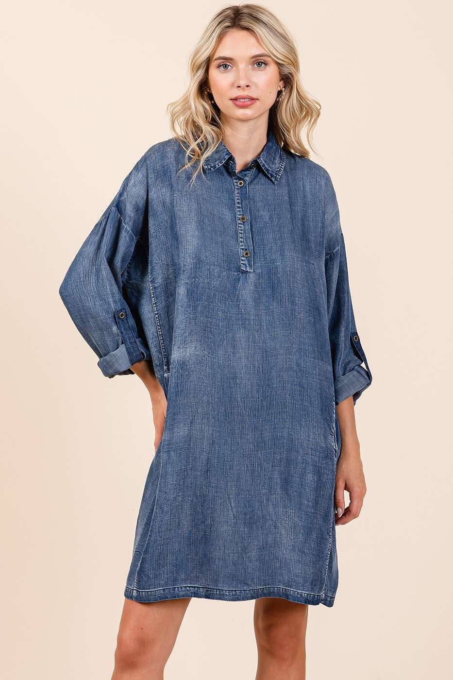 WASHED CHAMBRAY BUTTON TAB SLEEVE MINI SHIRT DRESS