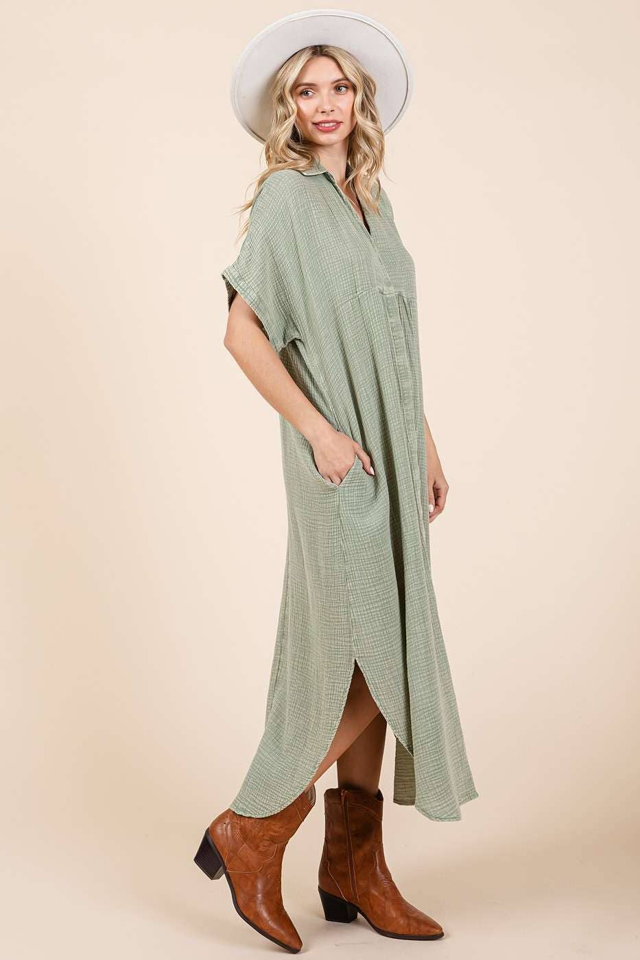 MINERAL WASH V NECK BUTTON UP RELAXED MIDI DRESS