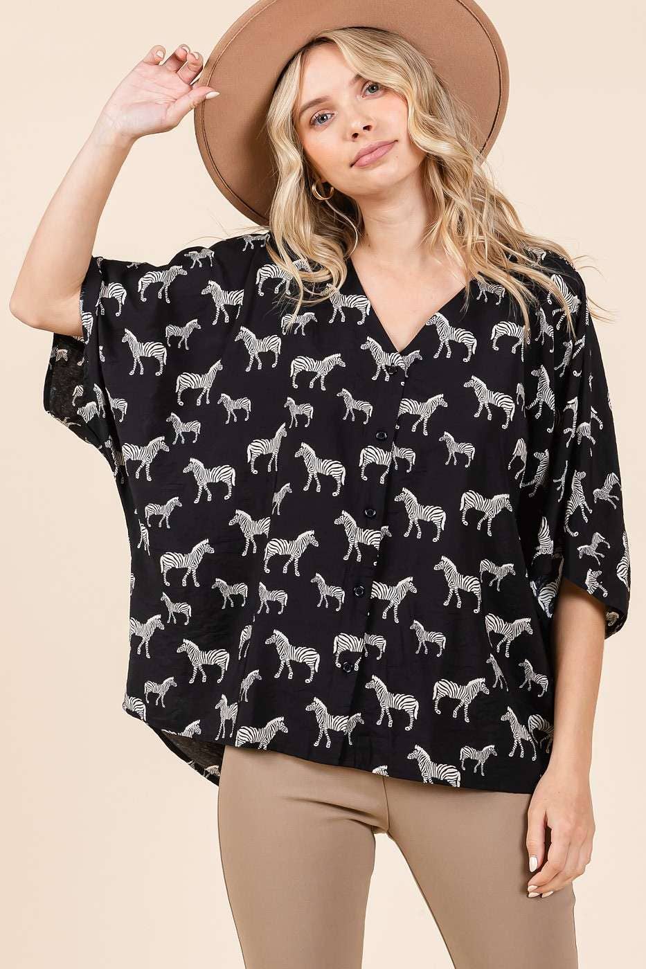ZEBRA PRINT V-NECK BUTTON DOWN DOLMAN SLEEVE TOP