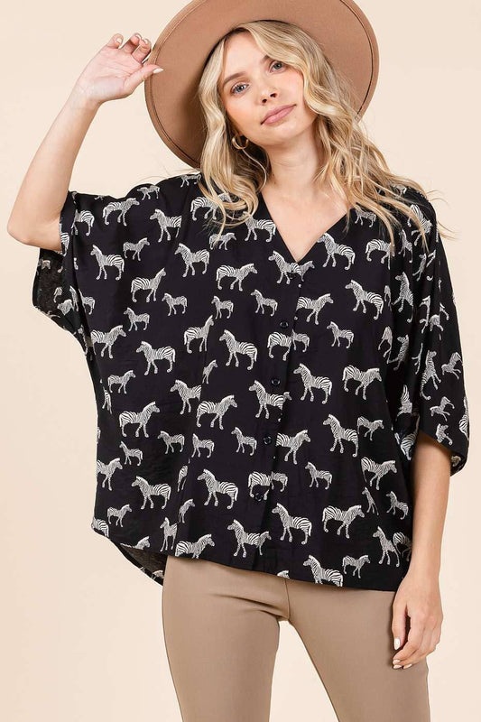 ZEBRA PRINT V-NECK BUTTON DOWN DOLMAN SLEEVE TOP