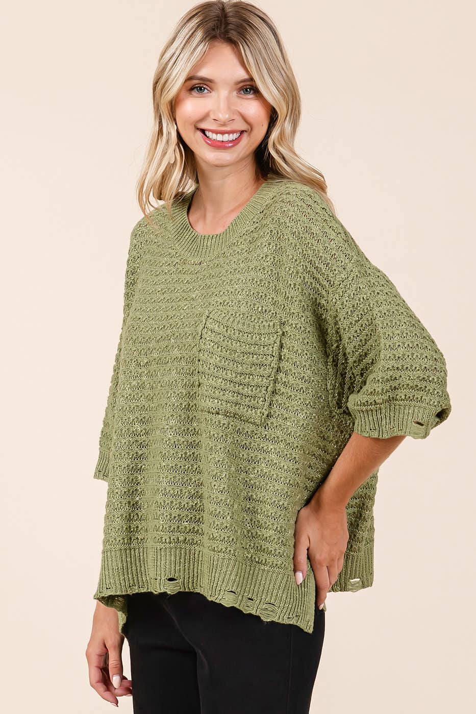 DISTRESSED HEM SHORT SLEEVE LOOSE SWEATER KNIT TOP