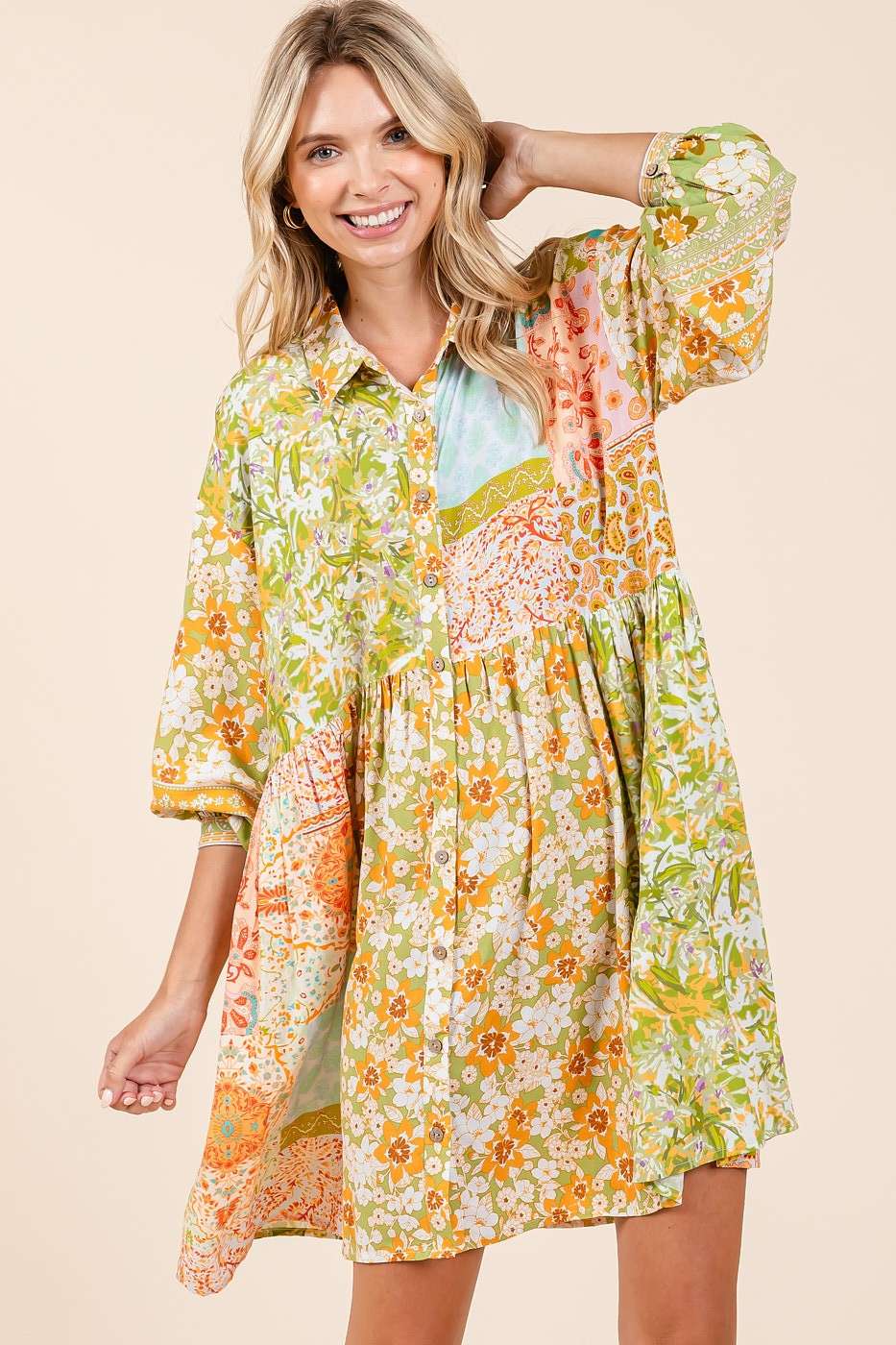 MIXED PATCHWORK PRINT BABYDOLL MINI SHIRT DRESS - Green Tea