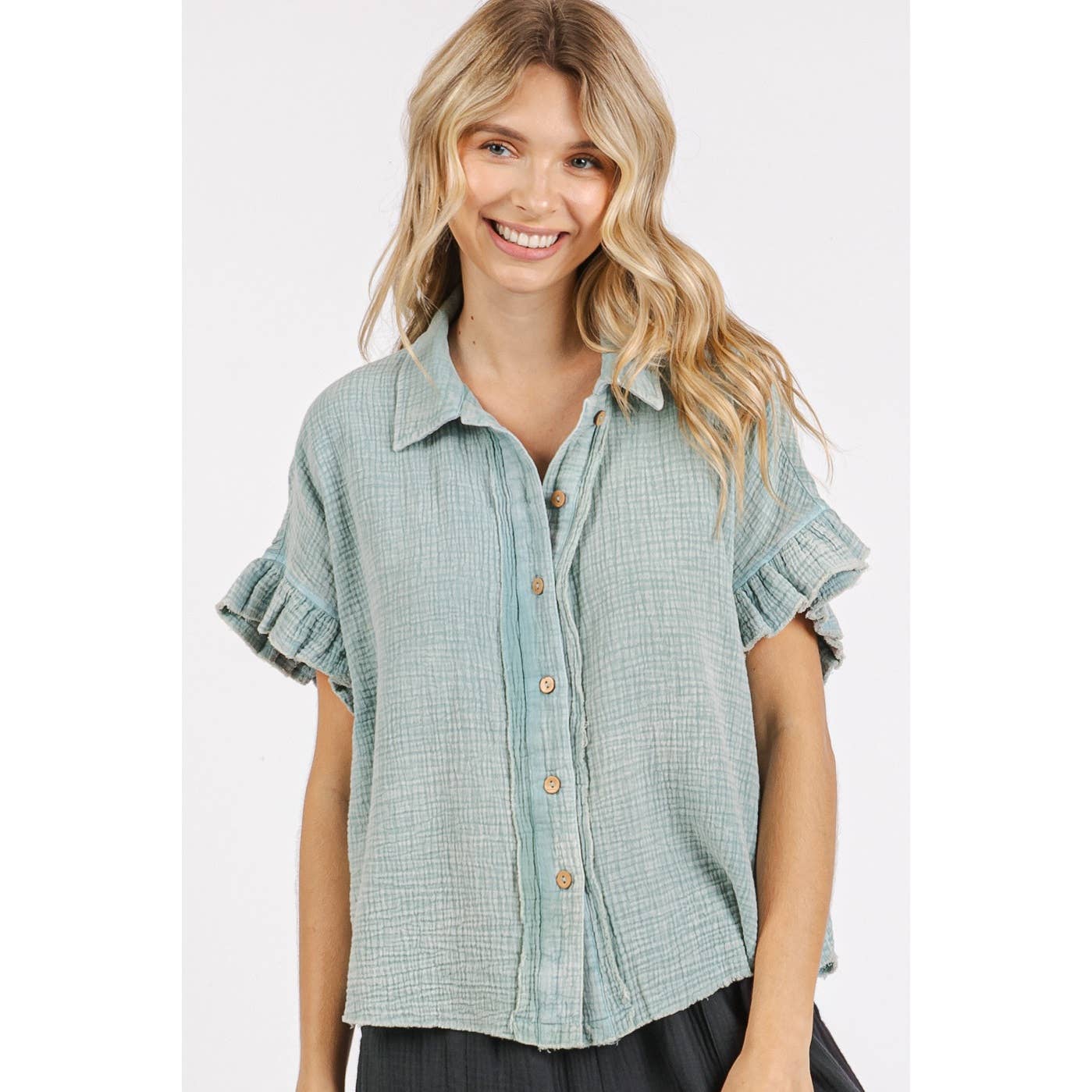 MINERAL WASH GAUZE RUFFLE SHORT SLEEVE SHIRT